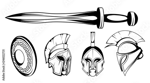 set of roman or spartan warrior head, spartan helmet for head with roman armor and sword, spartan warrior in black and white, vector graphics to design