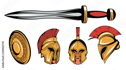 set of roman or spartan warrior head, spartan helmet for head with roman armor and sword, spartan warrior colored drawing, vector graphics to design
