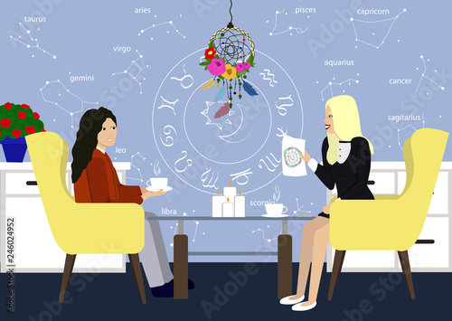 Young girl in consultation with an astrologer. Two girls talk in the astrologer office. Astrology style designed room with astrolog and patient. Illustration of young girl with Astrolog flat style.