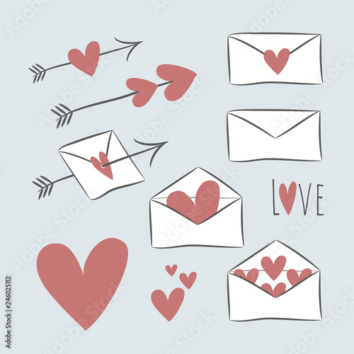 Set of cute hand drawn envelopes, hearts, arrows in white, red and black colors. Perfect for cards, scrapbooking, stickers and other design projects. Vector illustration. EPS 10.