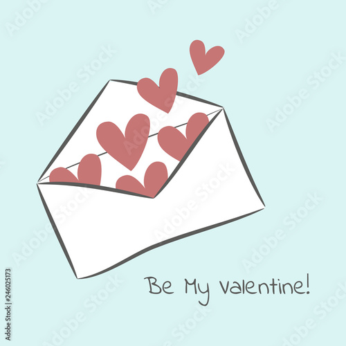 Vector illustration with cute white envelope, red hearts and Be My Valentine! phrase on blue background. Romantic Heart in an envelope. Perfect for greeting cards, posters, scrapbooking and other.