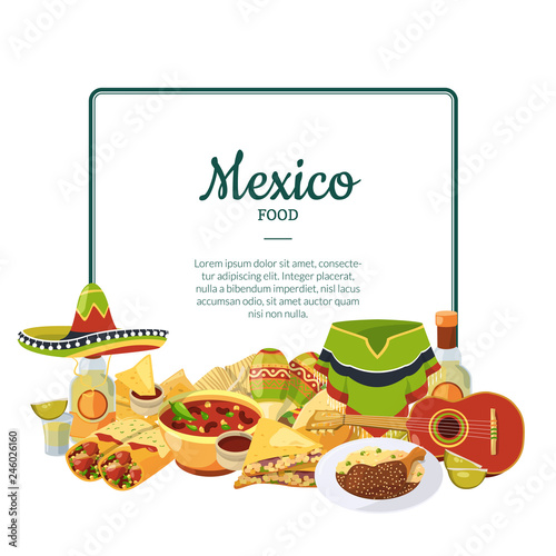 Vector cartoon mexican food below frame with place for text illustration. Mexican food taco and nachos, tasty tortilla and sombrero
