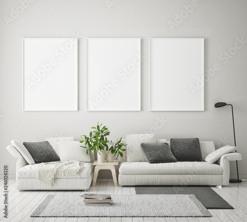 mock up poster frame in modern interior background  living room  Scandinavian style  3D render  3D illustration