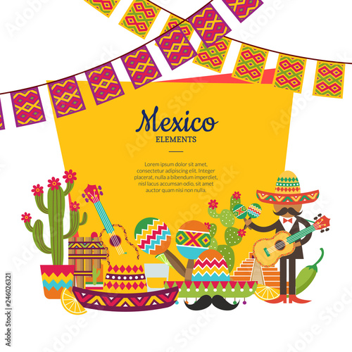 Vector flat Mexico attributes below frame with place for text and garlands illustration. Traditional sombrero and maracas, guitar instrument