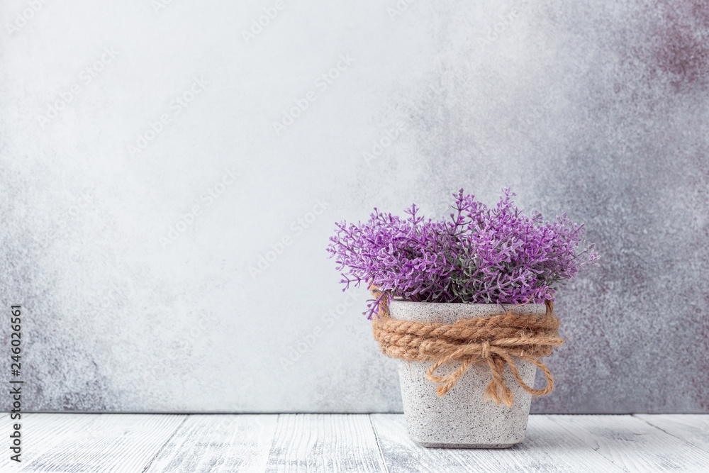 Small purple flowers in gray ceramic pots on stone background Rustic style Copy space - obrazy, fototapety, plakaty 