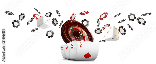 Playing cards and poker chips fly casino wide banner. Casino roulette concept on white background. Poker casino vector illustration. Realistic Casino design. Gambling poker template.