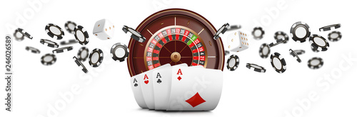 Playing cards and poker chips fly casino wide banner Fototapeta