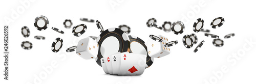 Playing cards and poker chips fly casino wide banner. Casino roulette concept on white background. Poker casino vector illustration. Realistic Casino design. Gambling poker template.