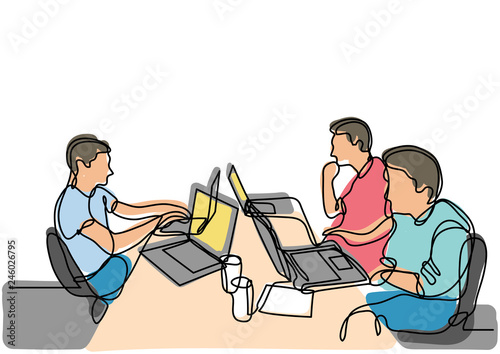 continuous line drawing of programmers with laptops working