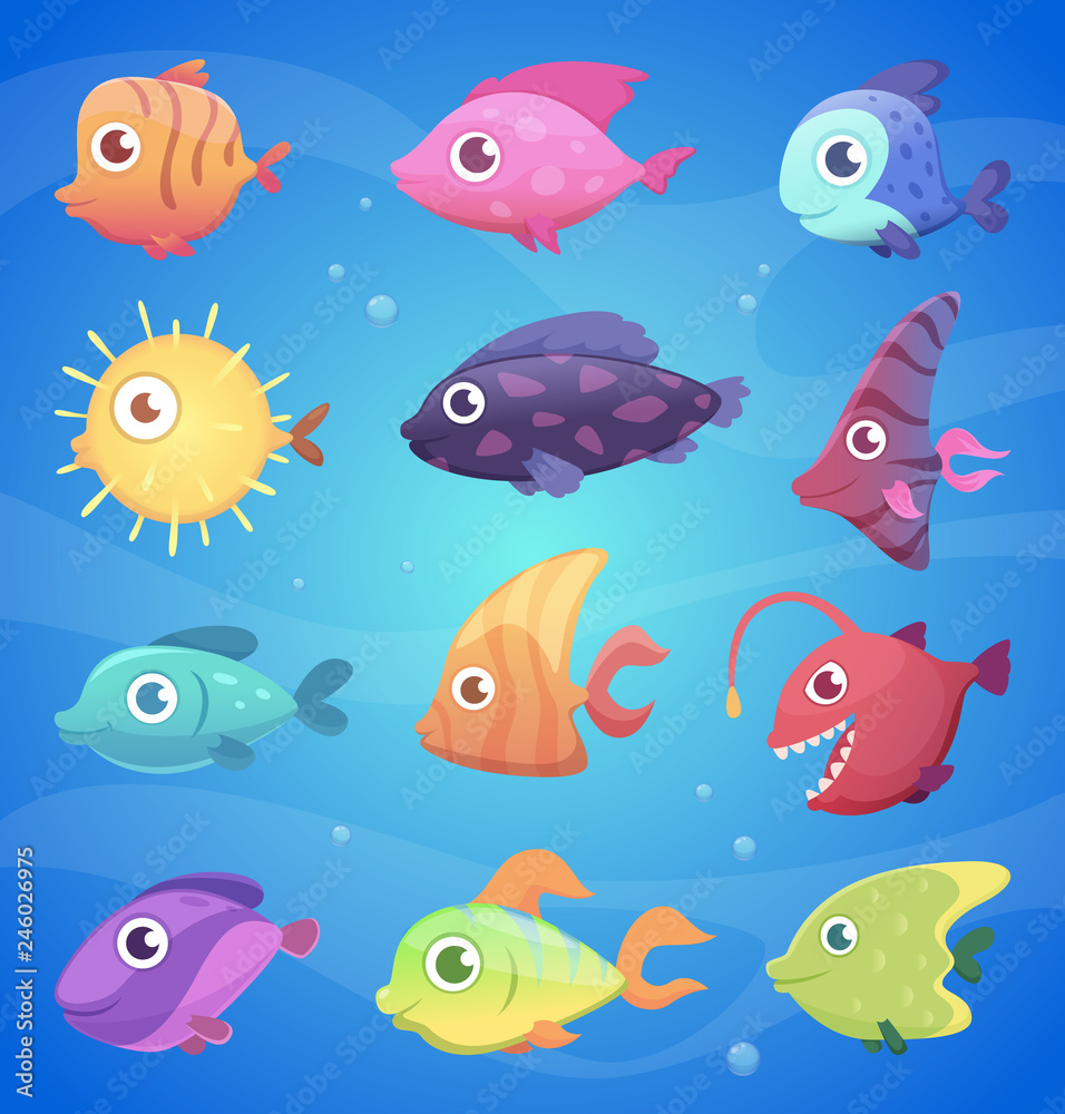Colorful cartoon fish. Funny underwater animals with big eyes ocean and sea  life vector illustrations. Fish underwater for game, sea and aquarium life  Stock Vector | Adobe Stock