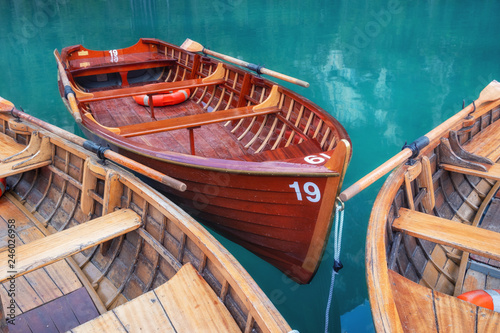 Lago di Braers lake, Dolomite Alps, Italy. Boats on the lake. Landscape in the Dolomite Alps, Italy. Pragser Wildsee - Image photo