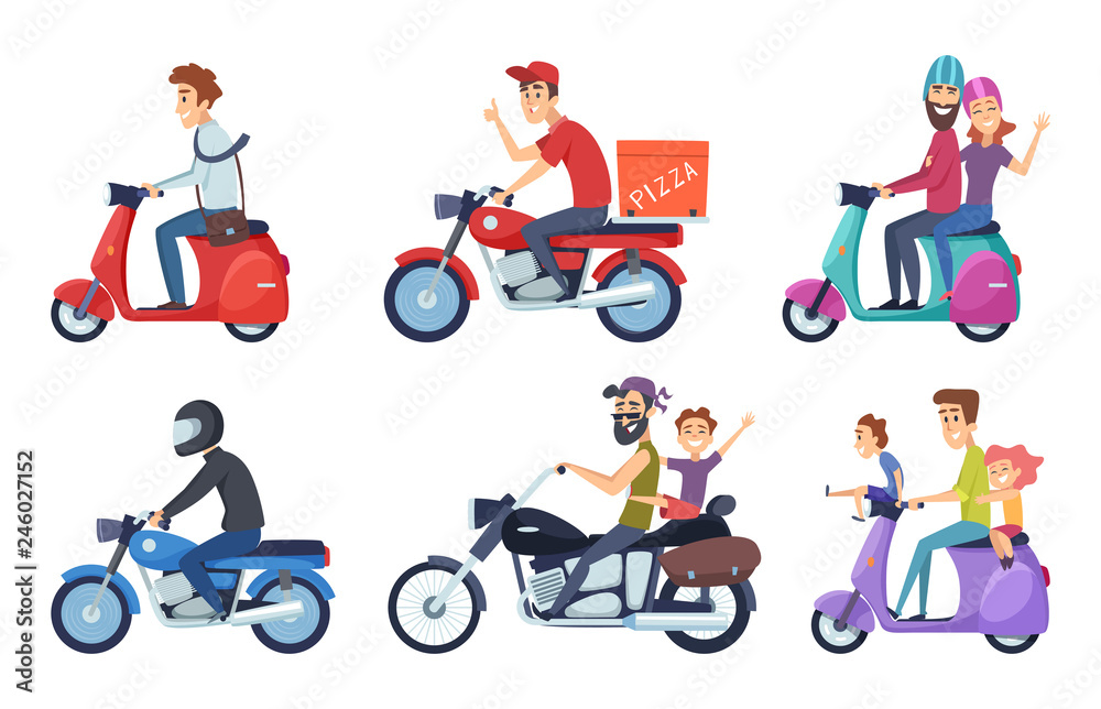 Motorcycle driving. Man rides with woman and kids postal food pizza deliver vector characters cartoon. Man and woman transportation on bike illustration