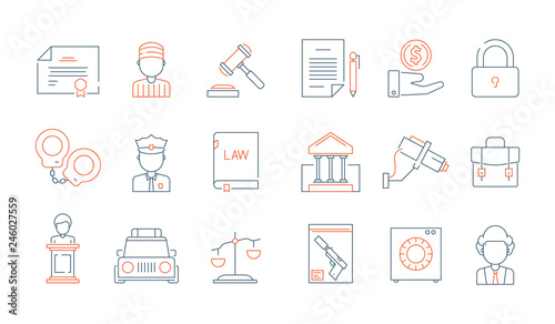 Law thin symbols. Licence accounting legal justice lawyer vector linear colored icon collection. Illustration of legal justice, court and lawyer