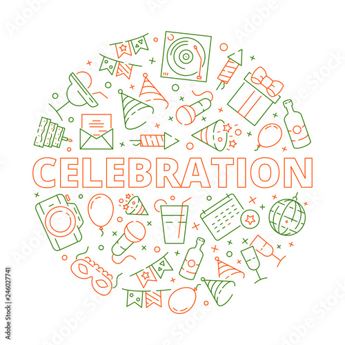 Party icon. Event birthday celebration symbols in circle shape fireworks balloons cakes stars vector template. Illustration of celebration birthday or event holiday