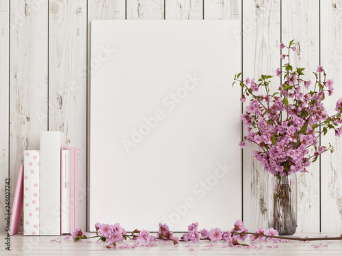 Mock up poster with rose flower decoration on white wooden floor, 3d render, 3d illustration