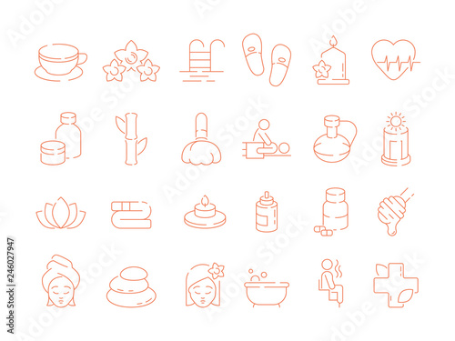 Spa thin icons. Woman beauty therapy treatment ayurveda solarium sauna relax hot stones and smell vector symbols. Illustration of beauty and spa, treatment cosmetic and massage facial