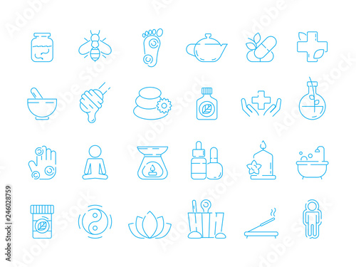 Alternative medicine symbols. Holistic vitamin herbal care traditional naturopathy vector linear icon set. Relaxation and naturopathy, bio organic and sauna illustration