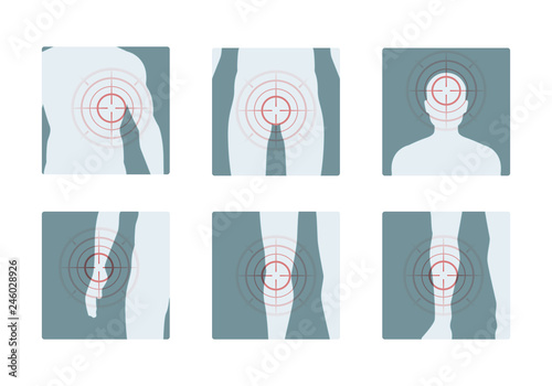 Body pain. Concentric red rings of painful human parts analgesic vector concept pictures. Illustration of focus pulsatory pain