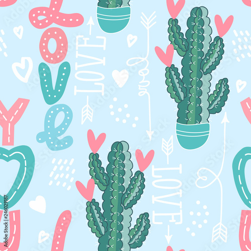 Vector seamless background with cactus, hearts and the words "love you". template for Valentine's day wrapping paper, textile, scrapbooking