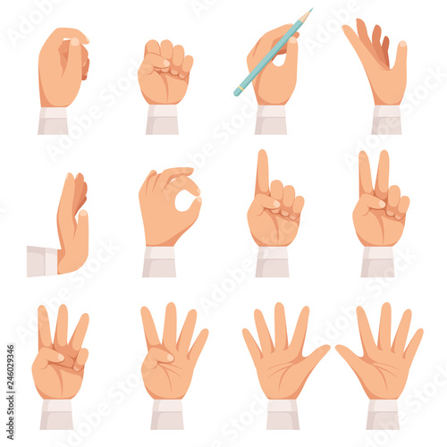 Hands gesture. Human palm and fingers touch showing pointing and holding taking vector cartoon collection isolated. Gesturing palm hand gesture, fingers number collection
