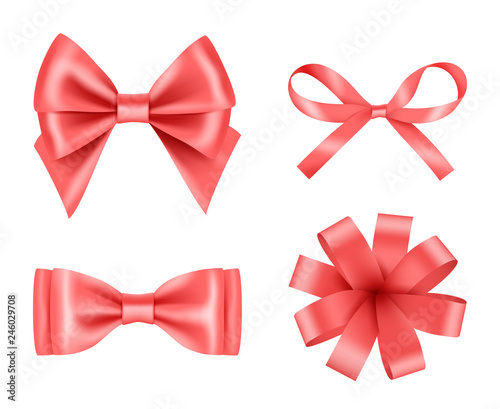 Bow realistic. Holiday decoration colored bow with satin ribbons vector 3d pictures set. Illustration of realistic ribbon 3d for christmas gift