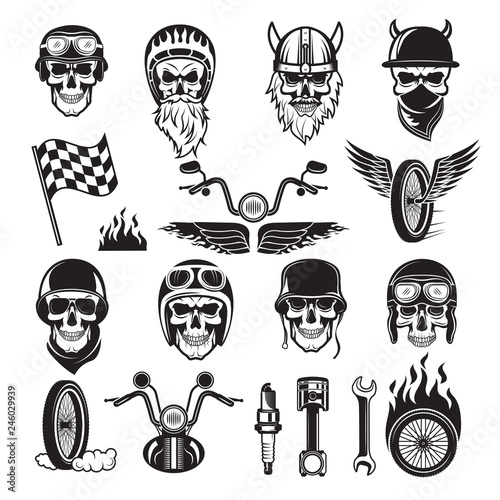 Biker symbols. Skull bike flags wheel fire bones engine motorcycle vector silhouettes. Illustration of motorcycle and biker skull