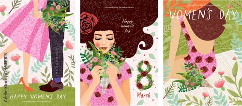 Happy Women's Day March 8! Cute cards and posters for the spring holiday. Vector illustration of a date, a woman and a bouquet of flowers!