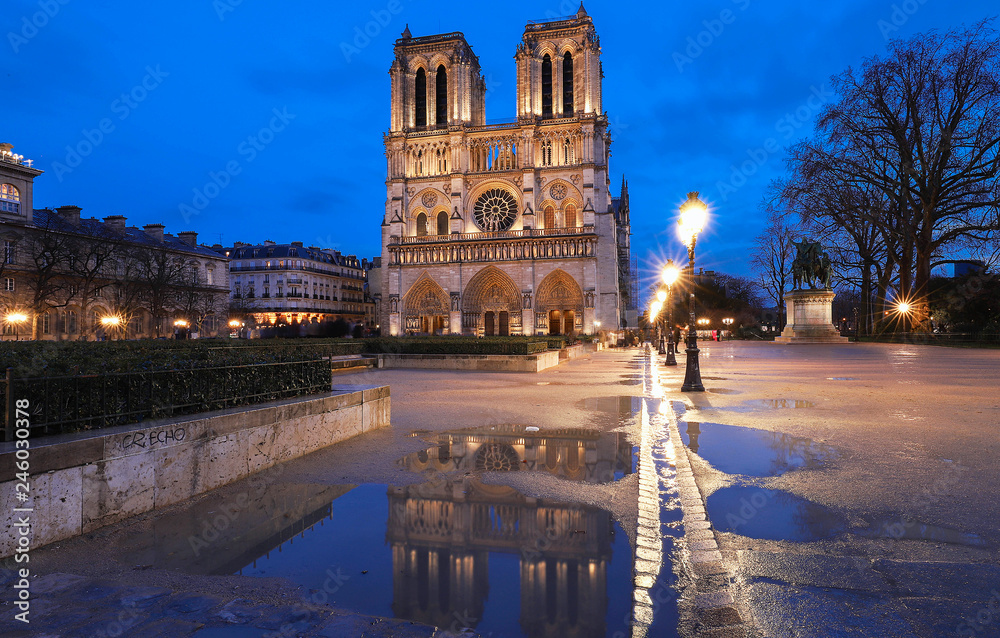 The Notre Dame Cathedral at rainy evening , Paris, France.