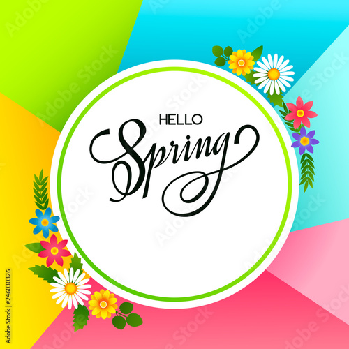 A bright banner of spring sale on the background of spring flowers, daisies. Template for postcard, advertising, coupon, invitation, banner.