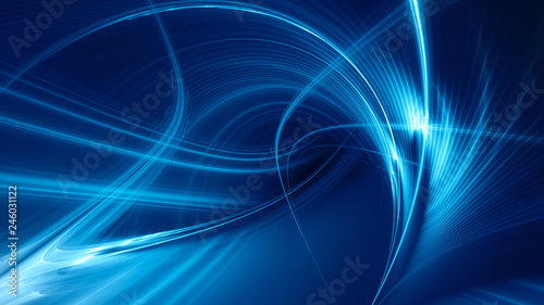 Abstract blue on black background texture. Dynamic curves ands blurs pattern. Detailed fractal graphics. Science and technology concept.
