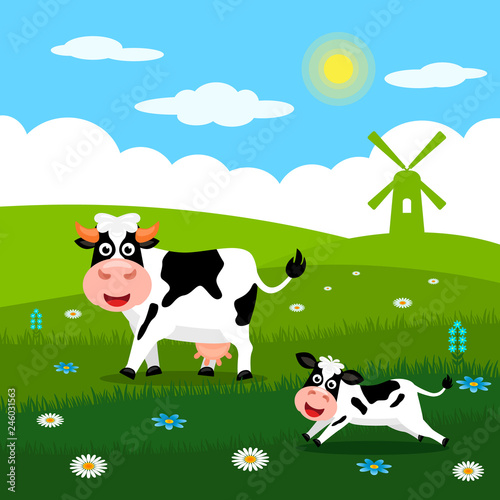 Cute cow and funny calves graze on green grass on the background of a rural summer landscape, farm and mills. Flat vector illustration