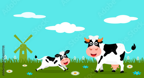 Cute cow and funny calves graze on green grass on the background of a rural summer landscape, farm and mills. Flat vector illustration
