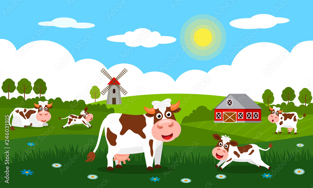 Cute cows and funny calves graze on green grass against a background of rural summer landscape, farm and mill. Flat vector illustration Cute cows and funny calves graze on green grass against a background of rural summer landscape, farm and mill. Flat vector illustration