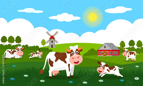 Cute cows and funny calves graze on green grass against a background of rural summer landscape  farm and mill. Flat vector illustration