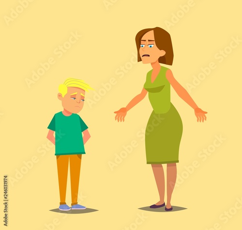 Angry mother wags finger at guilty sonTeacher berate unhappy schoolboy. Upset mom reprimand sad kid. Flat vector character illustration