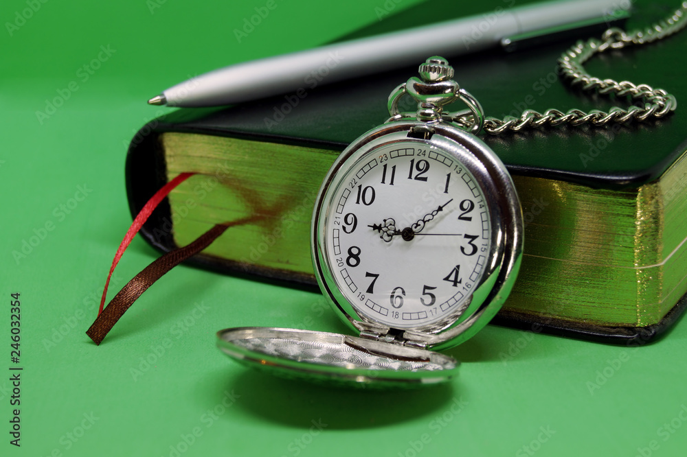 Diary with pen and pocket watch on green background