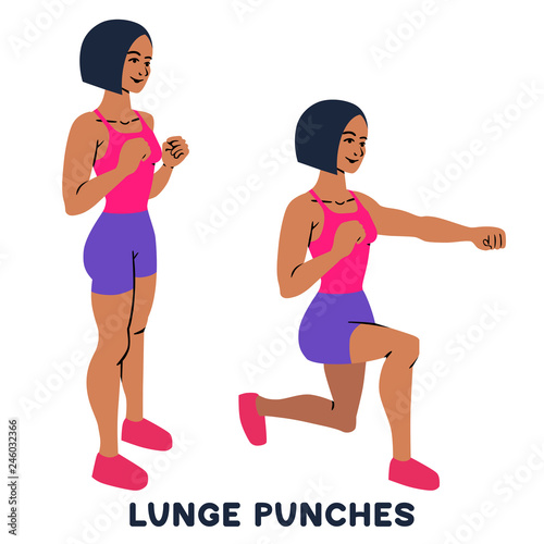Lunges. Lunge punches. Sport exersice. Silhouettes of woman doing exercise. Workout, training.