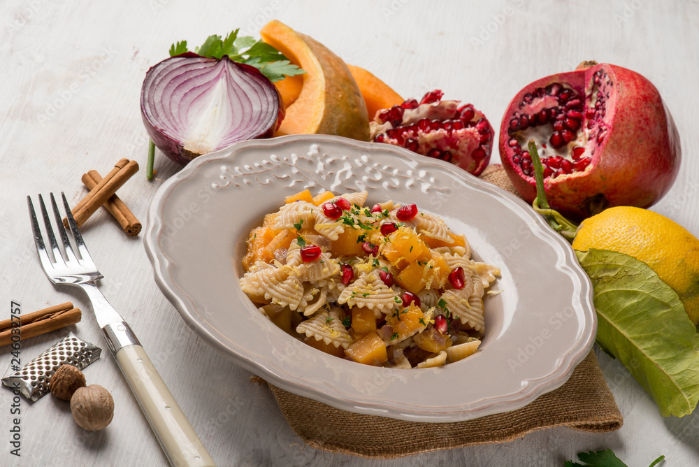 butterfly pasta with pumpkin pomegranate and spices butterfly pasta with pumpkin pomegranate and spices