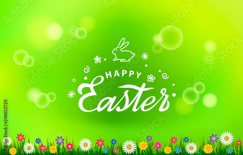 Bright greeting card with the inscription Happy Easter and Easter bunny with the logo. Retro lettering on the background of green grass