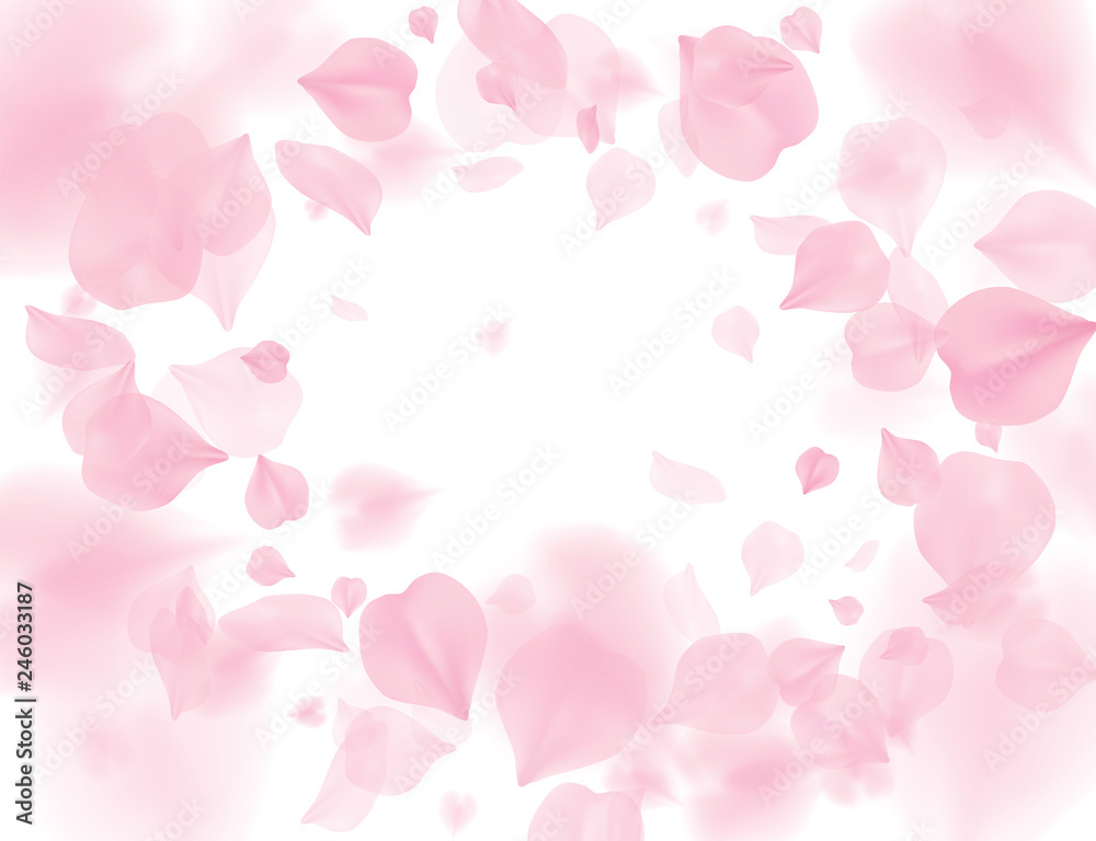 Pink sakura petals falling flower vector background. Romantic blossom isolated on white background. Overlay Valentines 3D illustration. Spring tender light center backdrop. Tenderness romance design.