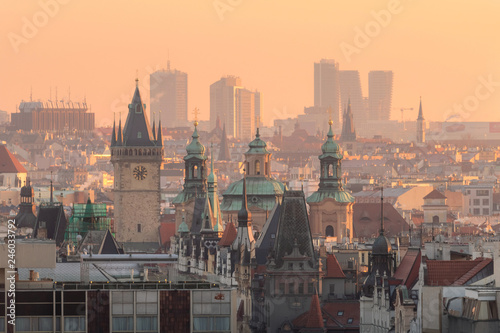 View Prague city center with Old town Square  Orloj clock and Pankrac skyscrapers  Prague  Czech Republic
