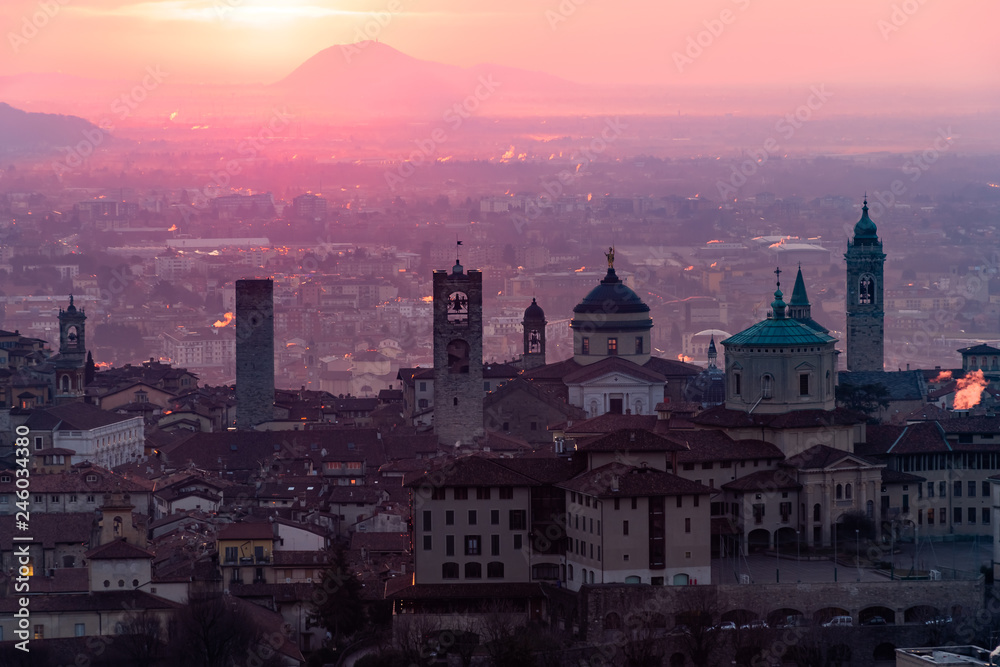 Beautiful medieval town at sunrise morning with main sights of Bergamo Lombardy from Castello di San Vigilio, Italy
