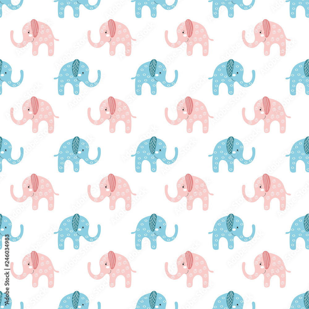 Fototapeta premium Cute blue and pink elephants seamless pattern on white background. Beautiful baby graphic textile print. Child shower illustration. Boy and girl animals ornament.