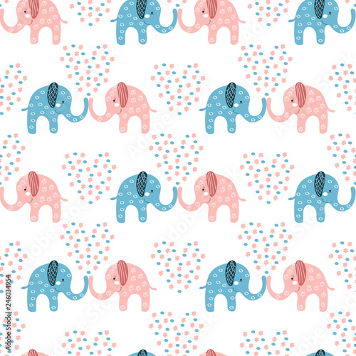 Two cute boy and girl elephants kiss with abstract heart. Stylized love seamless pattern with pink flower and blue drop. Beautiful baby graphic textile print