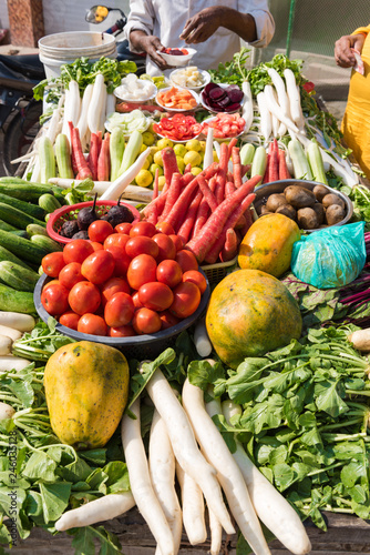 Fresh vegetables and fruits on the Asian street market