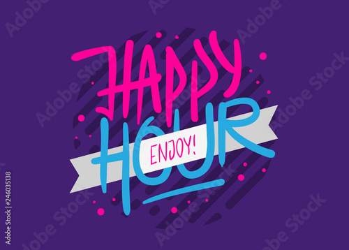 Happy Hour Label Sign Logo Hand Drawn Brush Lettering Calligraphy Type Design Vector Graphic