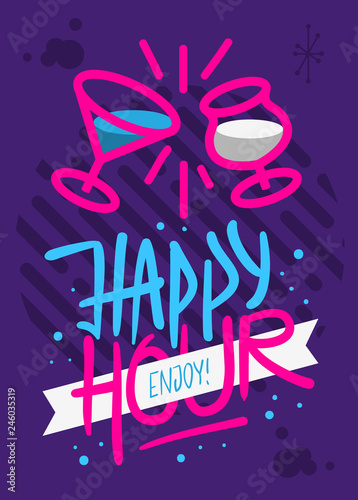 Happy Hour Poster Flyer Design Hand Drawn Brush Lettering Calligraphy Type  Vector Graphic