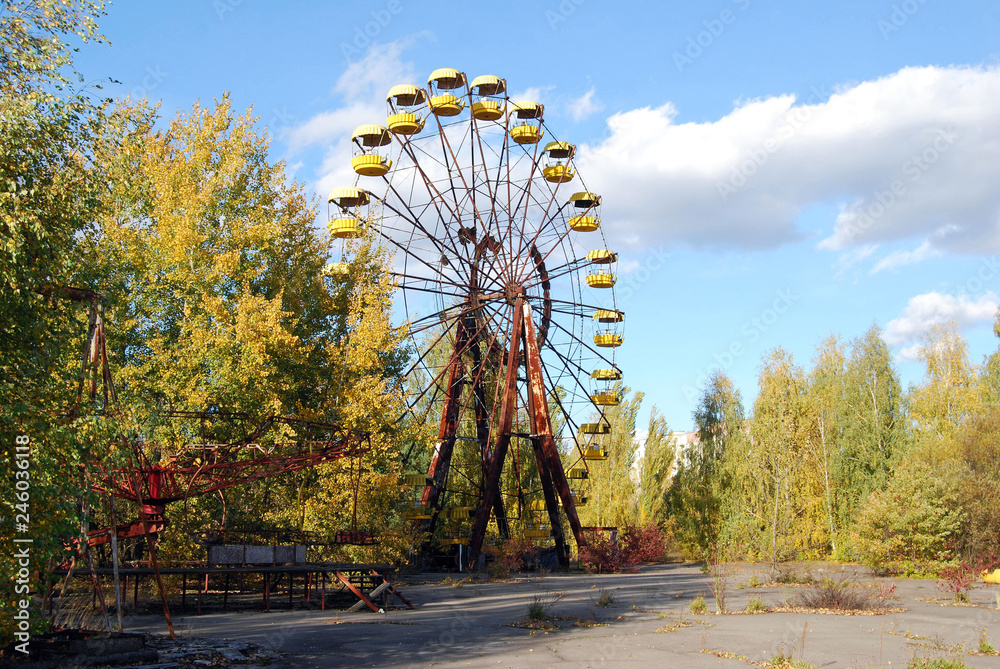 The abandoned streets and buildings in the town of Pripyat in the Chernobyl Exclusion Zone, Ukraine