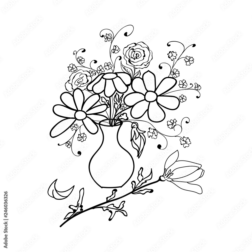 Bouquet of wild flowers in a vase. Chamomile in a jug. The composition of flowers. The figure can be used in the greeting card. Vector illustration hand-made in black white color.