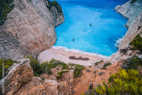 Fototapeta Naklejka Na Ścianę i Meble -  Navagio Shipwreck Beach on Zakynthos island, Greece. Famous attraction landmark must-see place visit the island of Zakynthos summer vacation